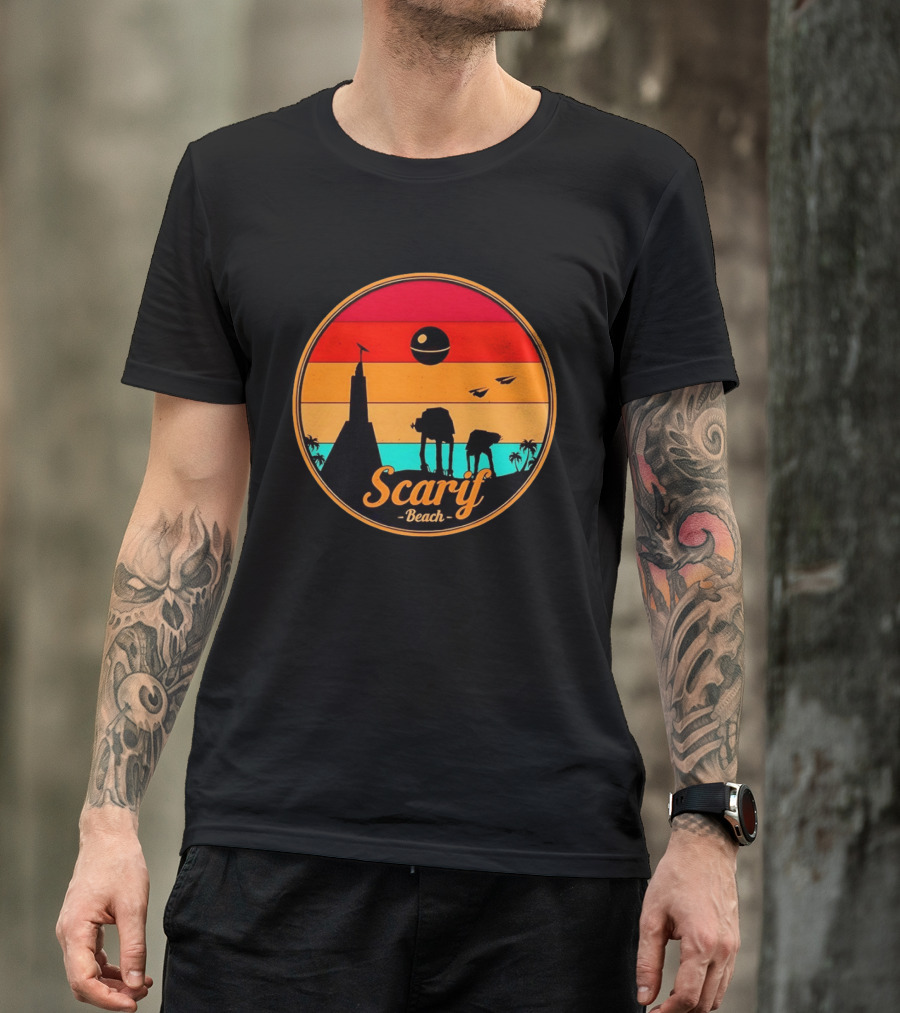 Scarif Beach Sunset With AT ACT Walkers And Death Star T-Shirt