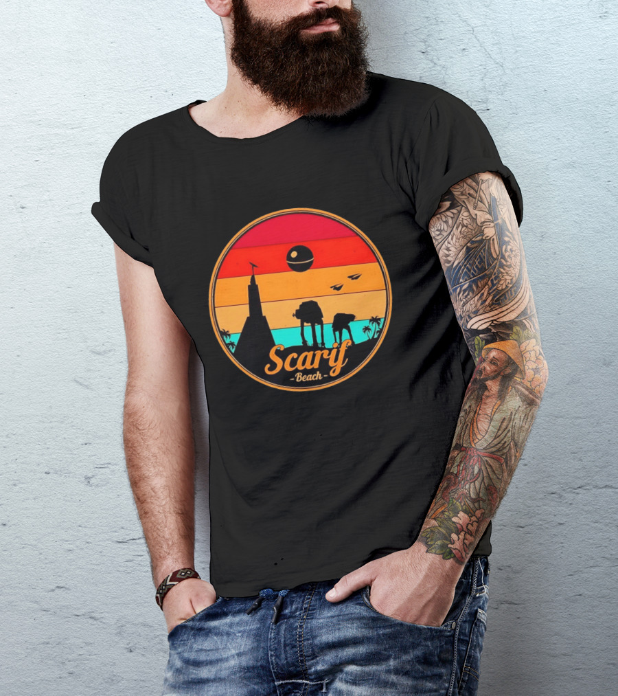 Scarif Beach Sunset With AT ACT Walkers And Death Star T-Shirt