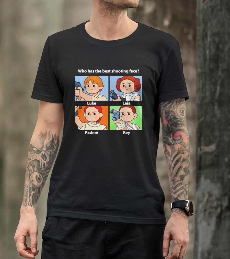 Luke Leia Padme And Rey Holding Pistol Who Has The Best Shooting Face T-Shirt