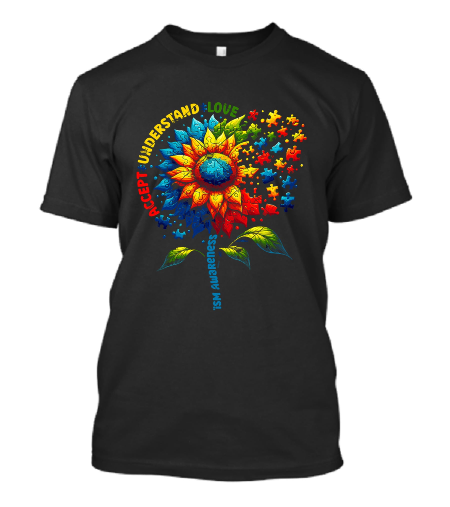 Accept Understand Love Sunflower Autism Awareness Puzzle Pieces T-Shirt