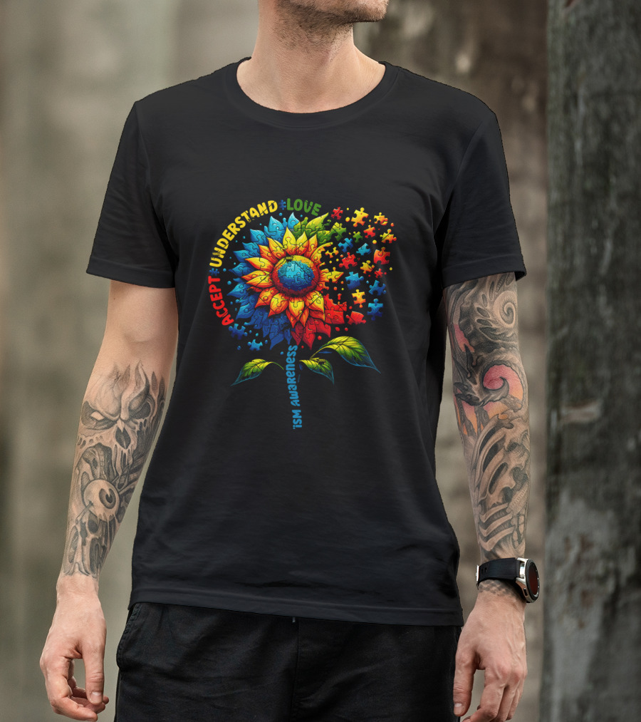 Accept Understand Love Sunflower Autism Awareness Puzzle Pieces T-Shirt