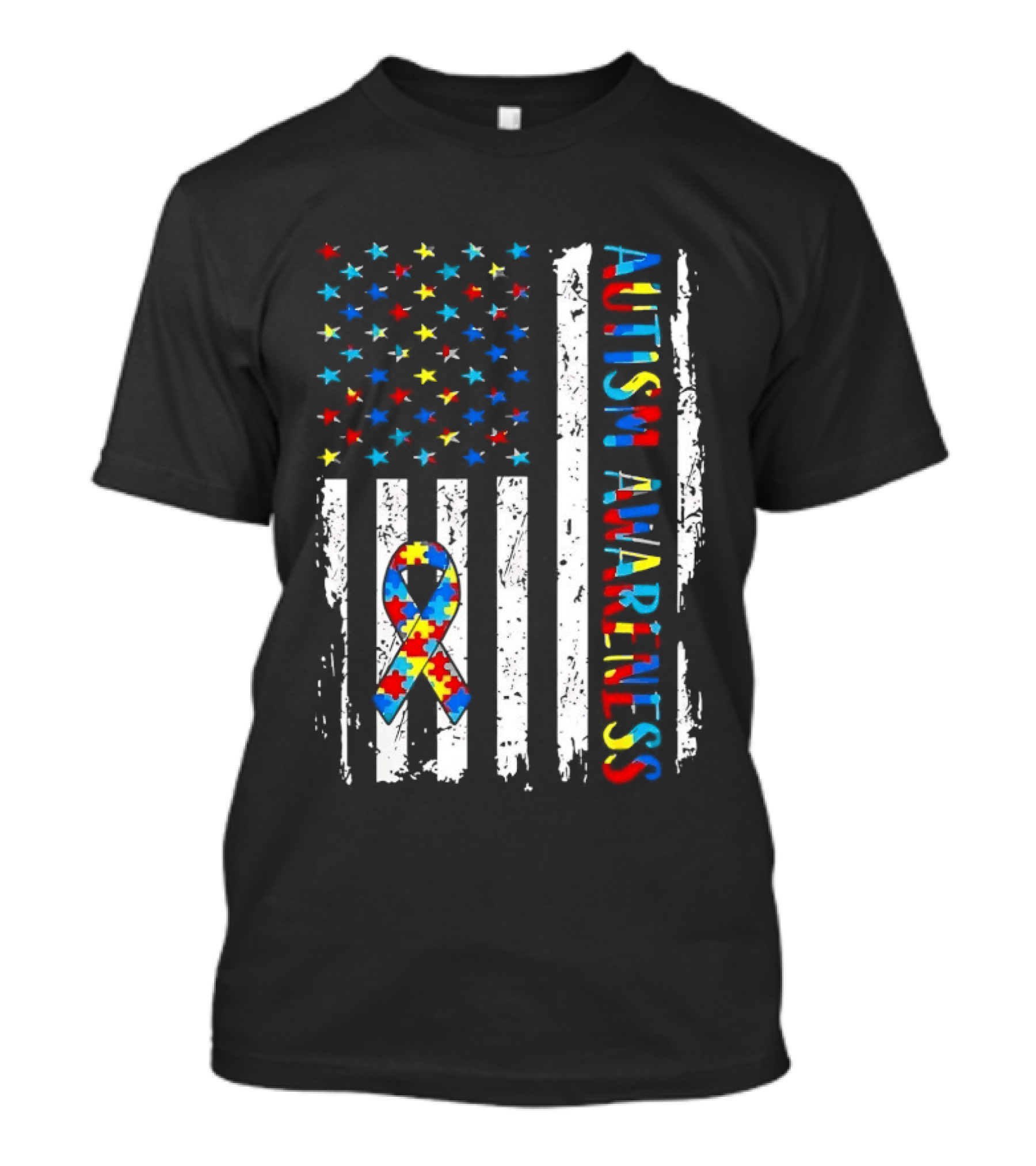 USA Flag Autism Awareness Ribbon Puzzle Pieces T-Shirt