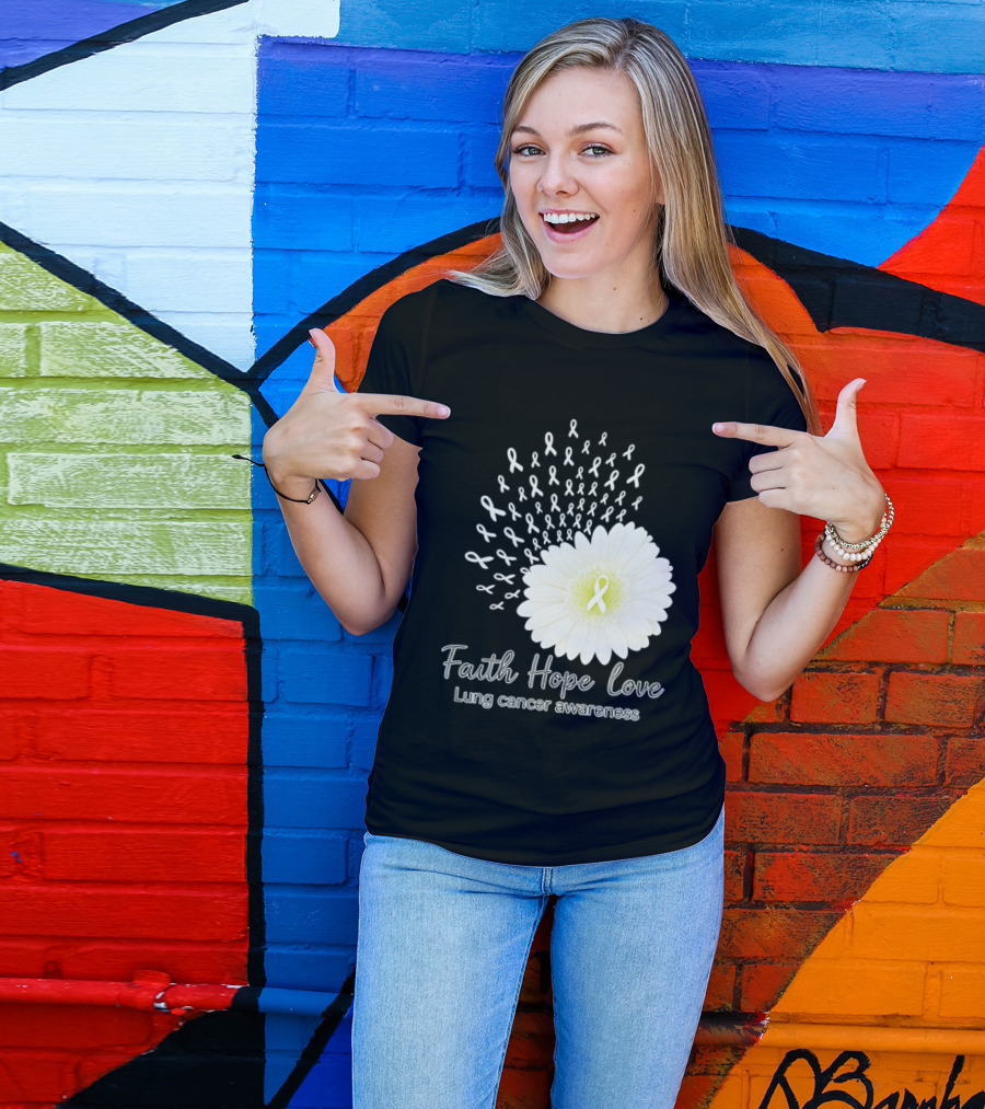 Faith Hope Love White Daisies And Ribbons Lung Cancer Awareness T-Shirt