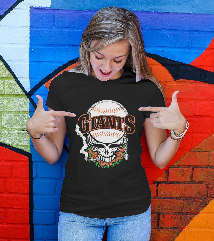 San Francisco Giants Skull With Baseball And Roses T-Shirt