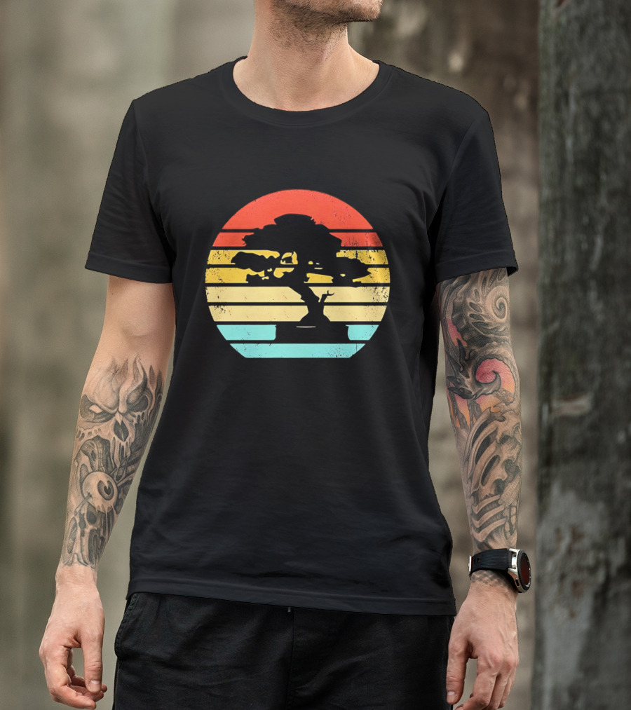 Bonsai Tree Silhouette Japan Retro Sunset T-Shirt