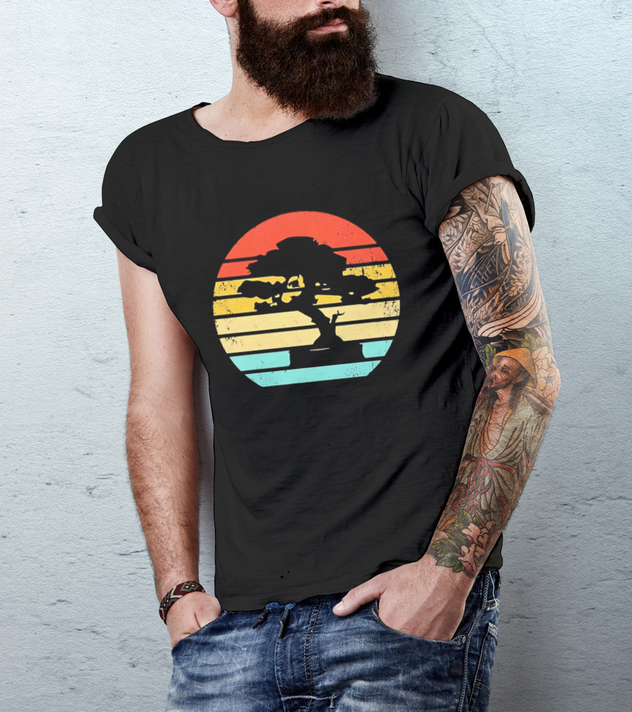 Bonsai Tree Silhouette Japan Retro Sunset T-Shirt