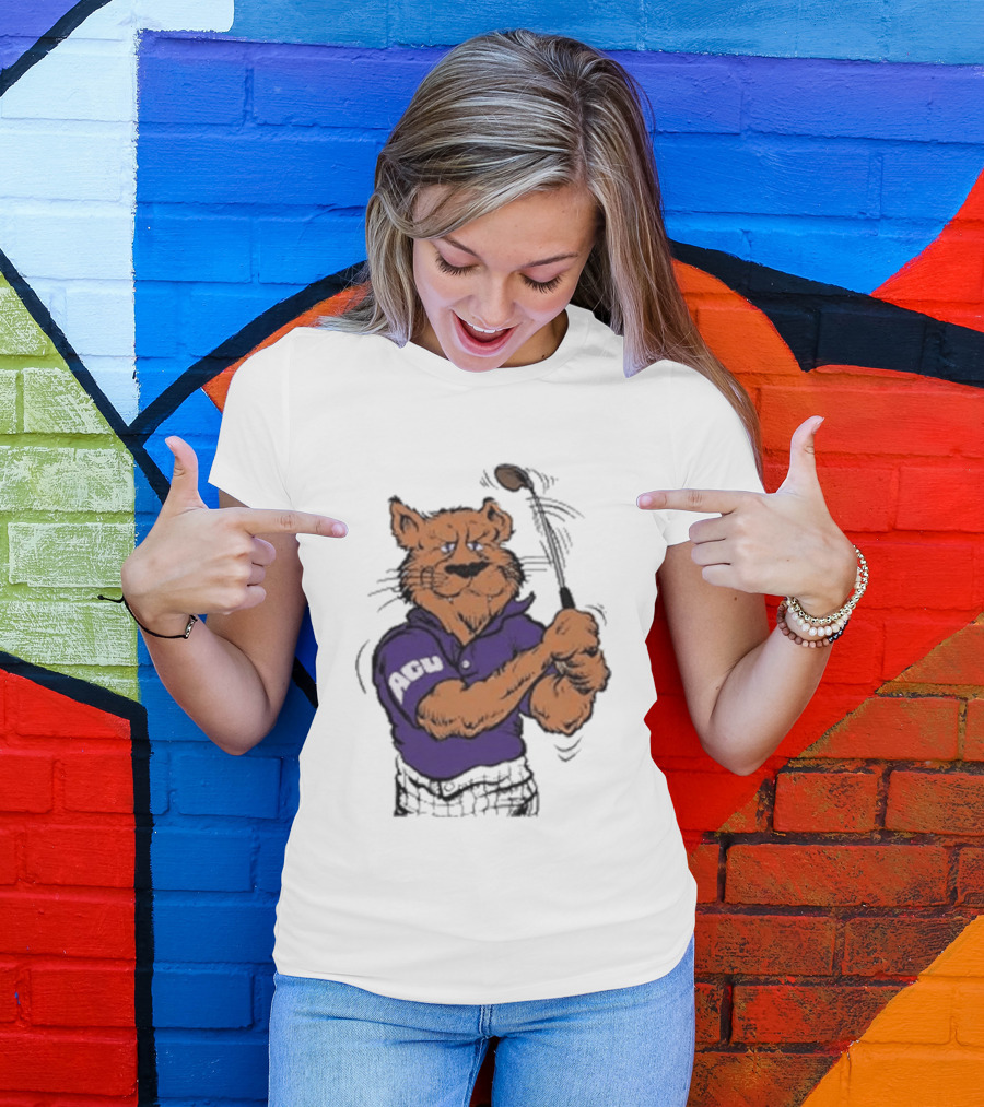 ACU Golf Puma In Purple Polo Swinging A Club T-Shirt