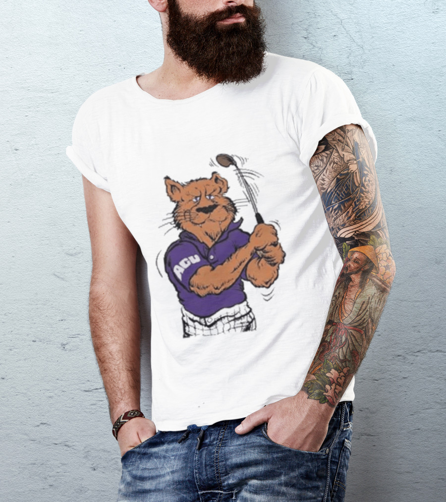 ACU Golf Puma In Purple Polo Swinging A Club T-Shirt