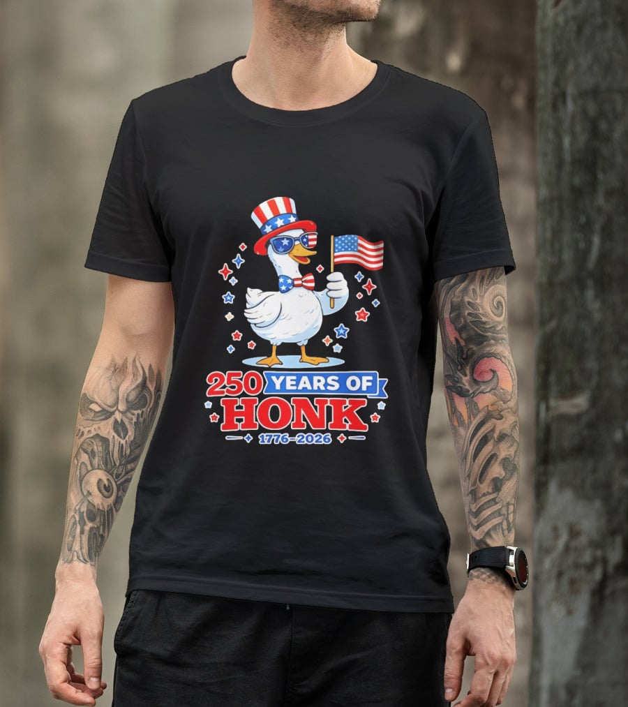 Patriotic Goose Holding US Flag 250 Years Of Honk 1776 2026 T-Shirt