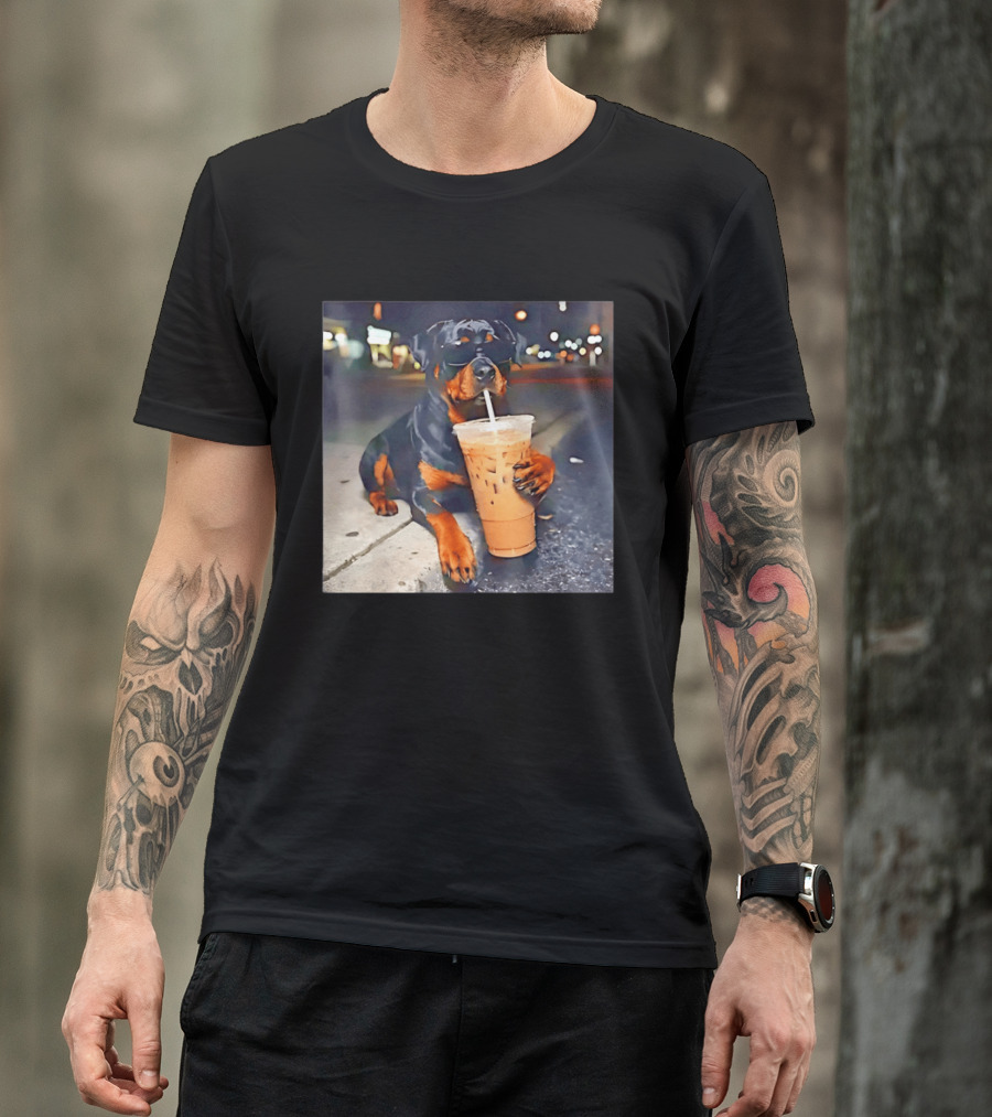 Rottweiler Drinking Iced Coffee Wearing Sunglasses Funny Dog T-Shirt
