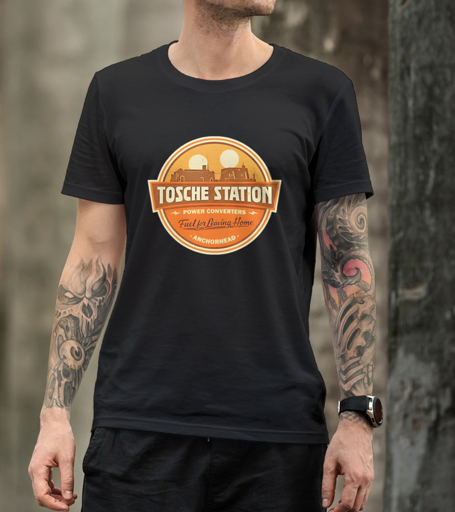 Tosche Station Power Converters Fuel For Leaving Home Anchorhead Twin Suns Desert Scene T-Shirt