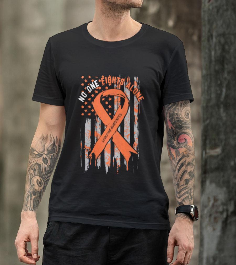 No One Fights Alone Leukemia Awareness Orange Ribbon American Flag T-Shirt