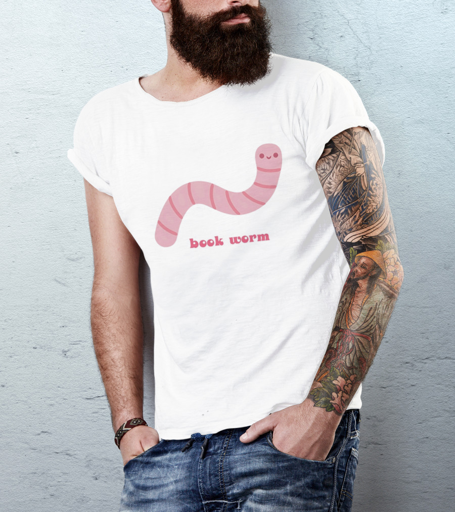 Pink Smiling Book Worm Cute T-Shirt