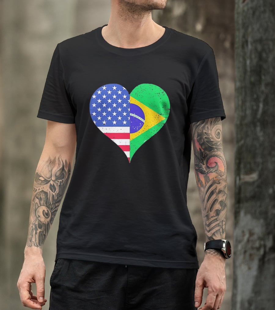 Brazilian And American Heart Flags Unity T-Shirt