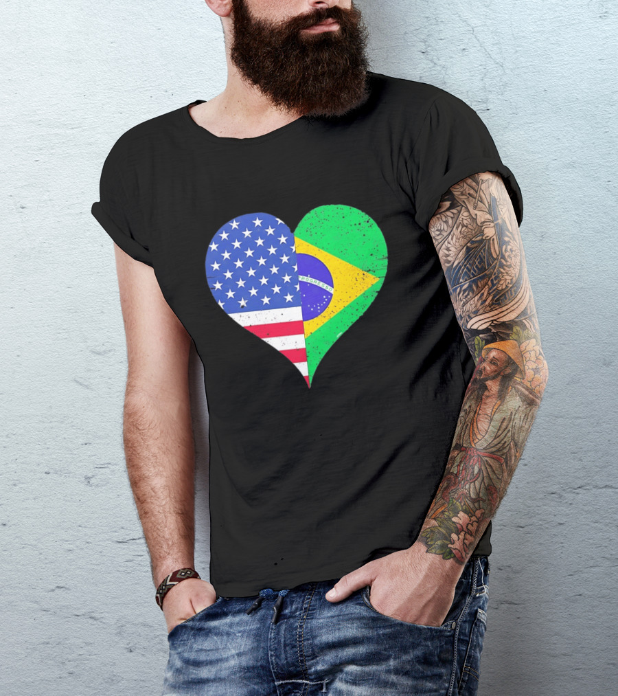 Brazilian And American Heart Flags Unity T-Shirt