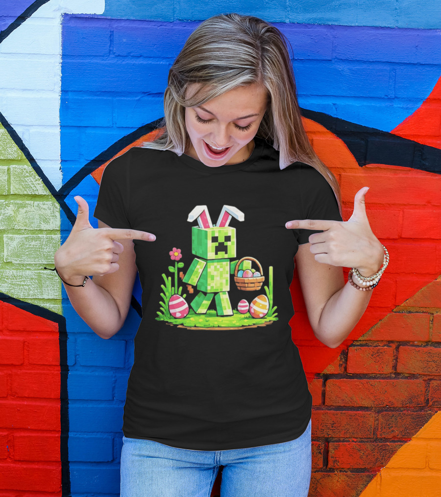 Creeper Rabbit Ears Easter Egg Hunt Gamer Pixel T-Shirt