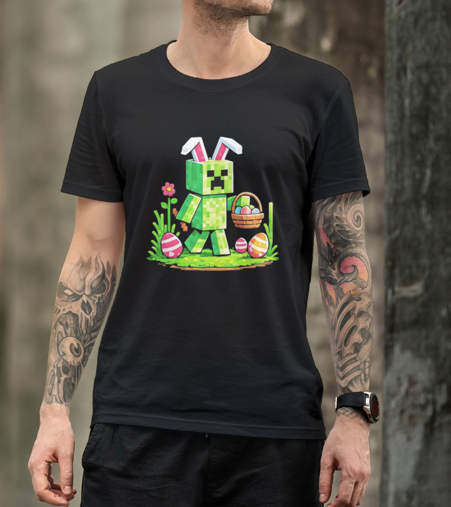 Creeper Rabbit Ears Easter Egg Hunt Gamer Pixel T-Shirt