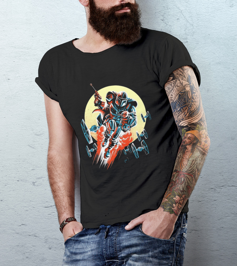 Din Djarin Grogu TIE Fighters Mandalorian Jetpack Adventure T-Shirt