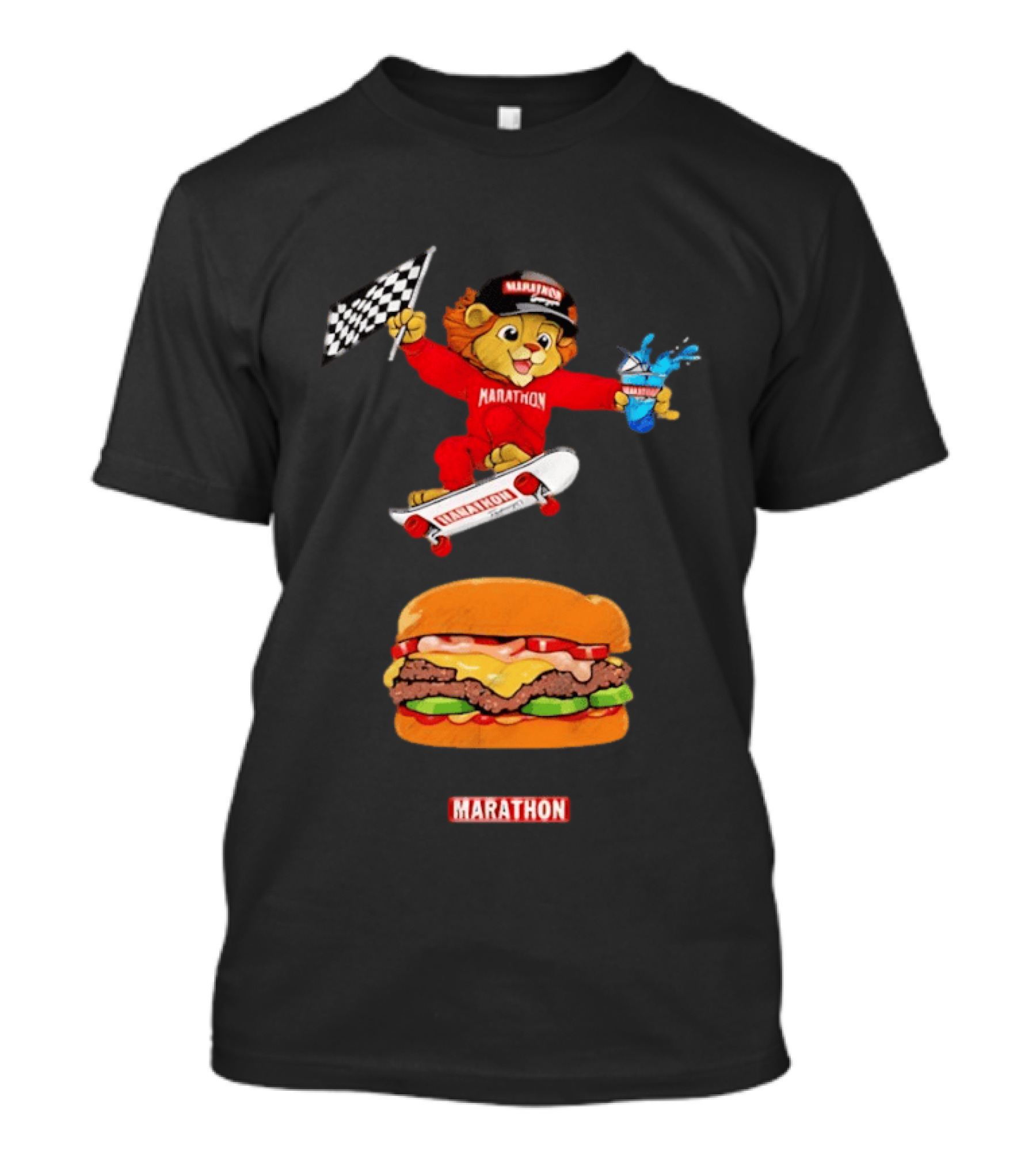 Marathon Lion Skateboarding Checkered Flag Cheeseburger T-Shirt