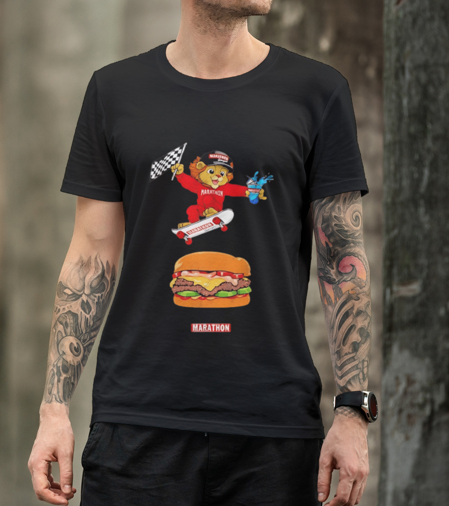 Marathon Lion Skateboarding Checkered Flag Cheeseburger T-Shirt