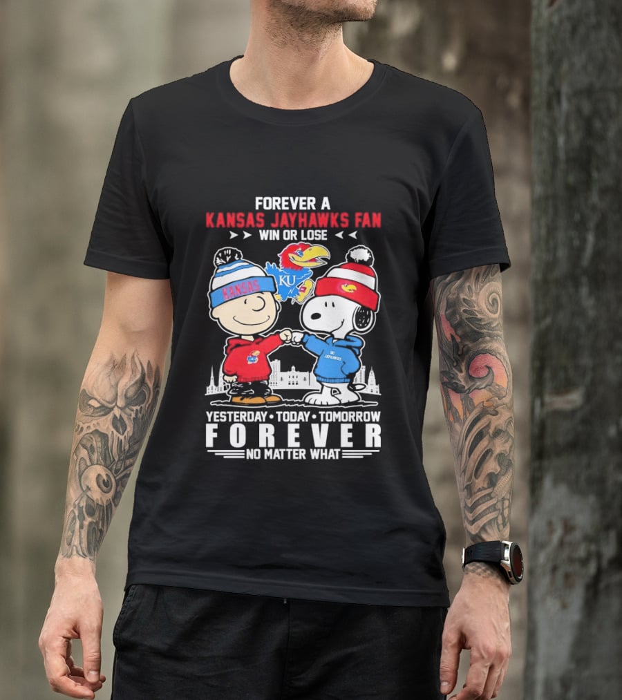 Kansas Jayhawks Fan Snoopy And Charlie Brown Win Or Lose Forever No Matter What T-Shirt