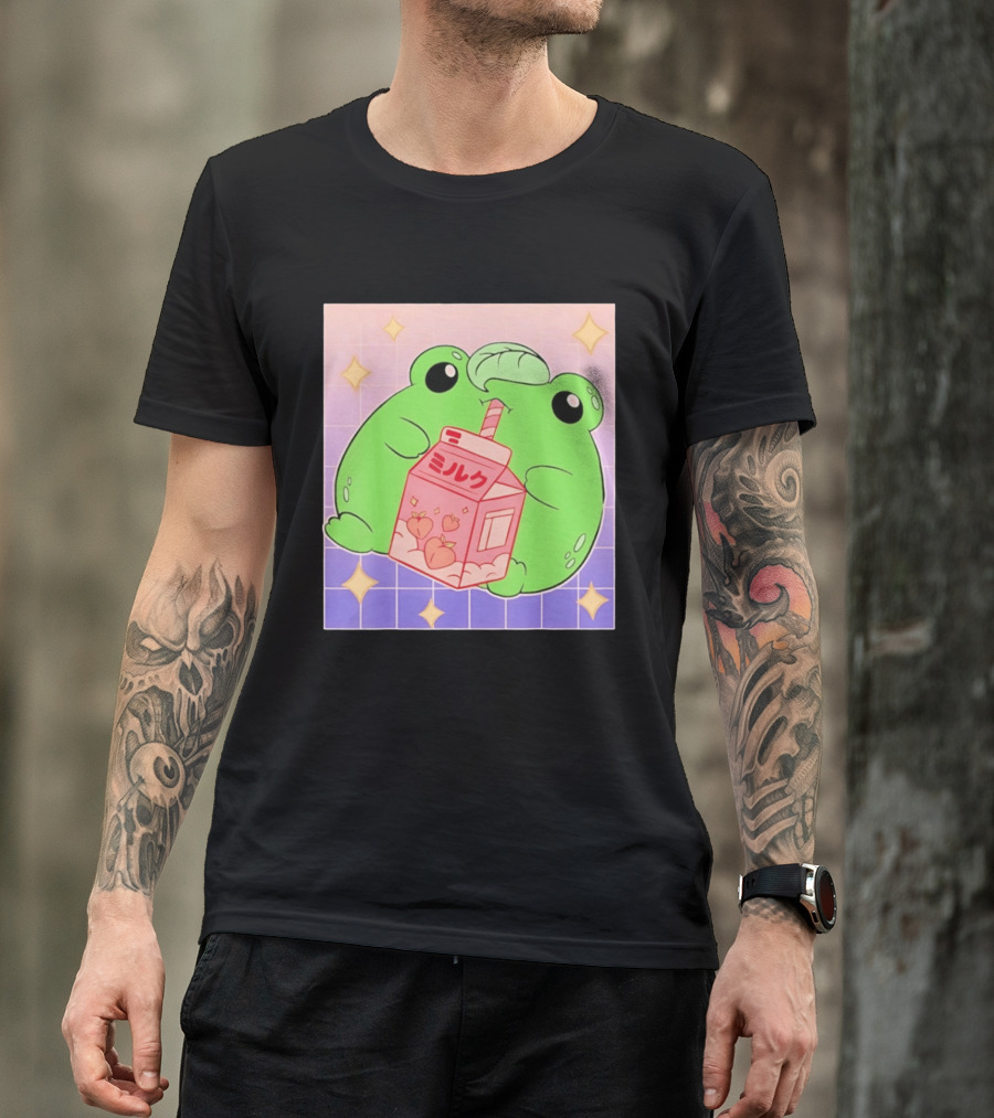 Frog With Peach Milk Box Kawaii Cartoon T-Shirt