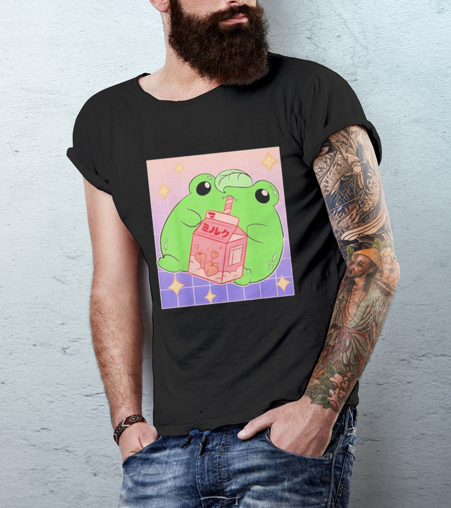 Frog With Peach Milk Box Kawaii Cartoon T-Shirt