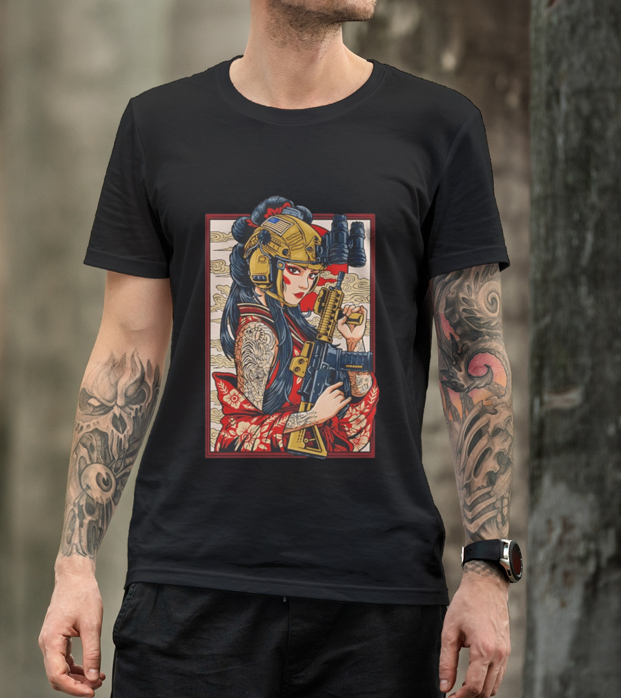 Geisha Anime Tactical Card Warrior With Helmet And Rifle T-Shirt