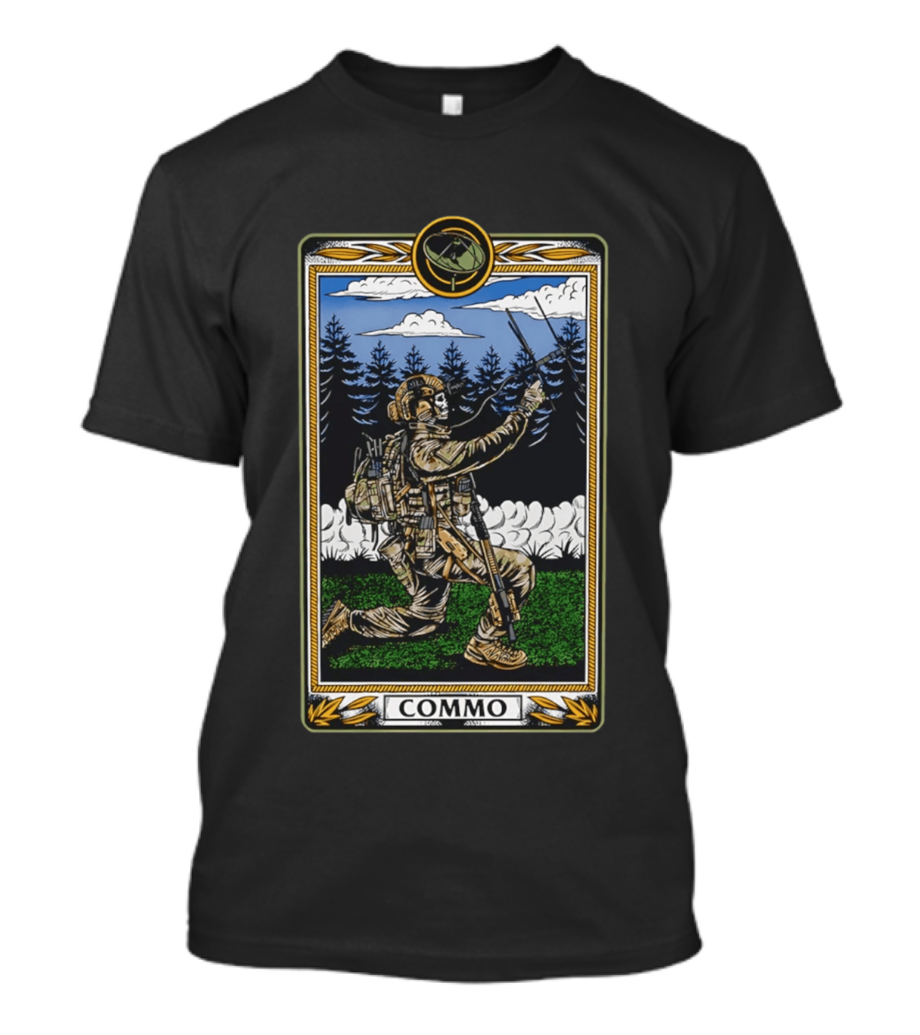Commo Skeleton Soldiers Tactical Card Kneeling Soldier Forest Radio Communication T-Shirt