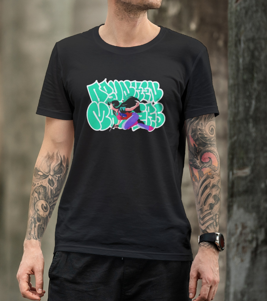 Drunken Masters Anime Girl Green Graffiti Gun Action T-Shirt