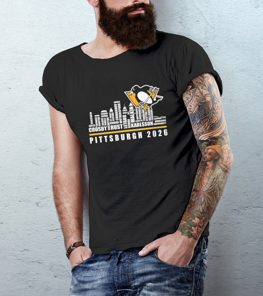 Pittsburgh Penguins Crosby Malkin Letang Karlsson Skyline 2026 T-Shirt