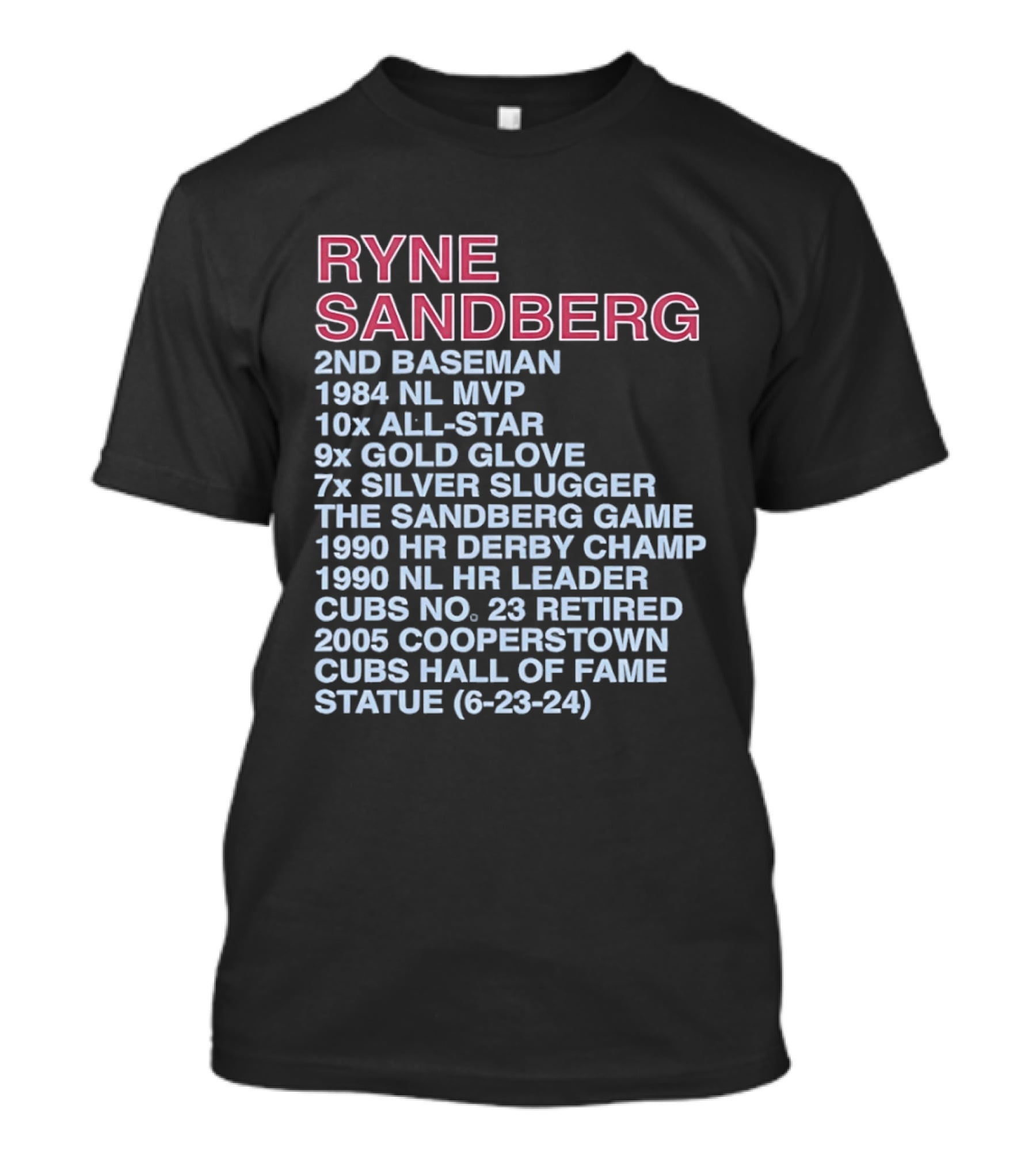 Ryne Sandberg 2nd Baseman 1984 NL MVP 10x All Star 9x Gold Glove 7x Silver Slugger Cubs No. 23 Retired Hall Of Fame 2005 T-Shirt