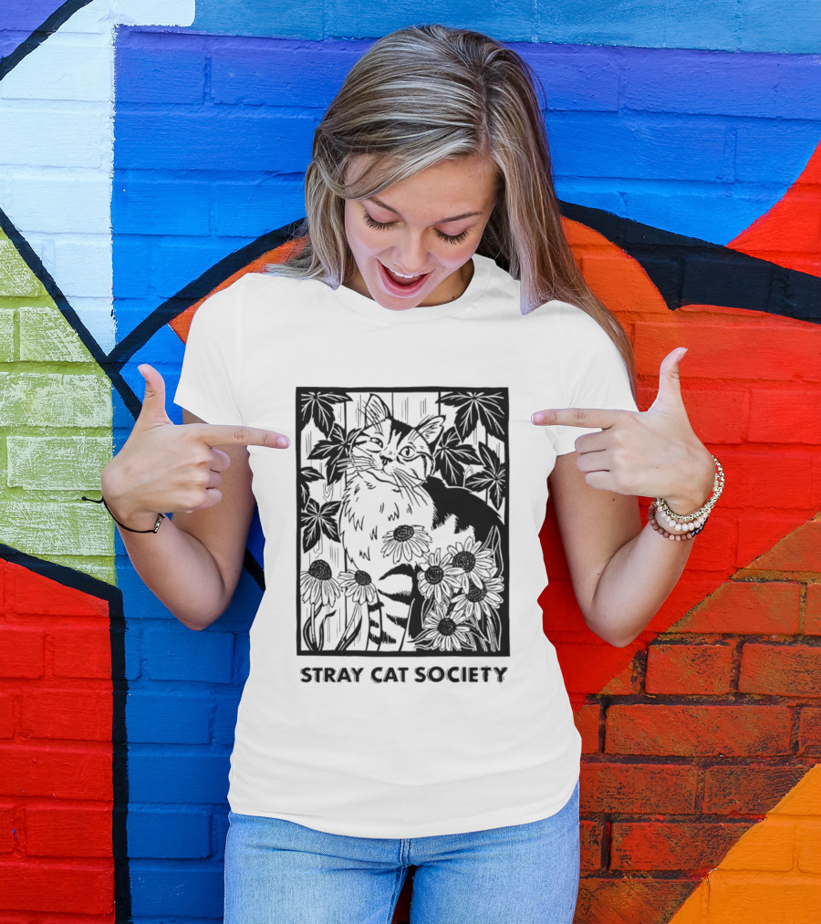 Stray Cat Society Floral And Feline Illustration With Botanical T-Shirt