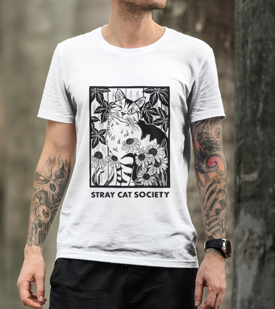 Stray Cat Society Floral And Feline Illustration With Botanical T-Shirt