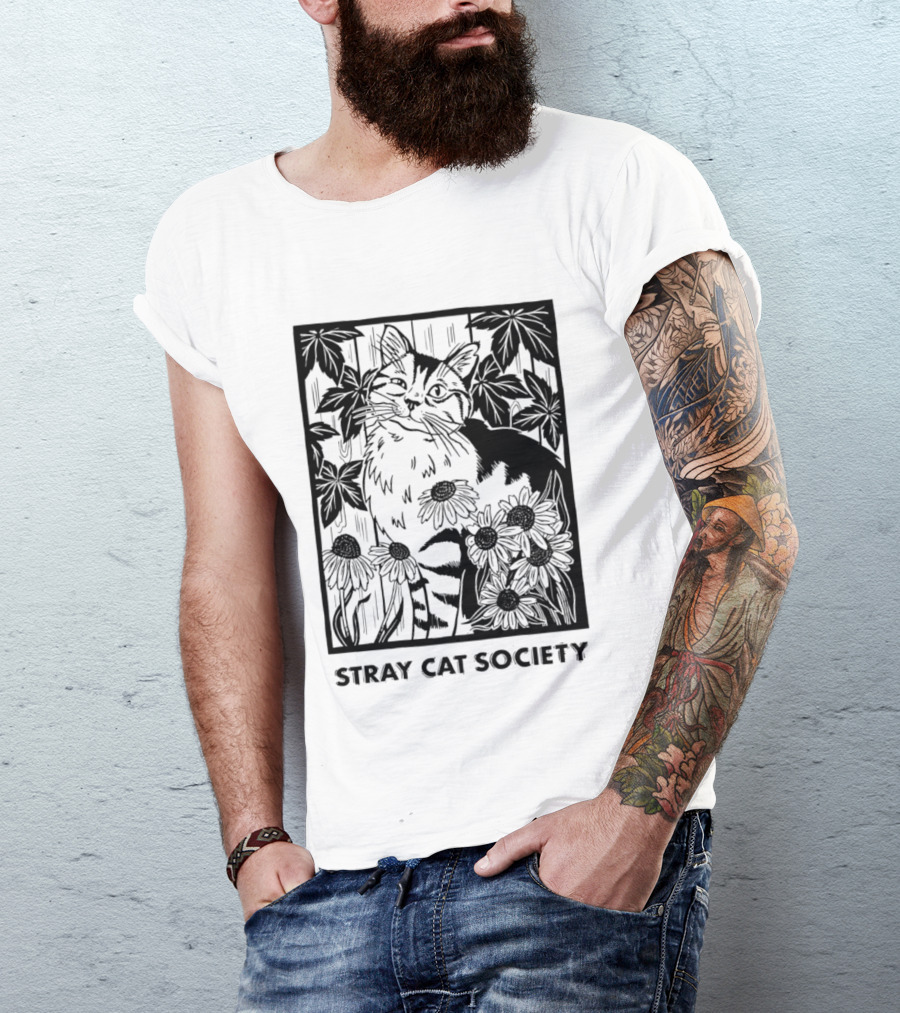 Stray Cat Society Floral And Feline Illustration With Botanical T-Shirt