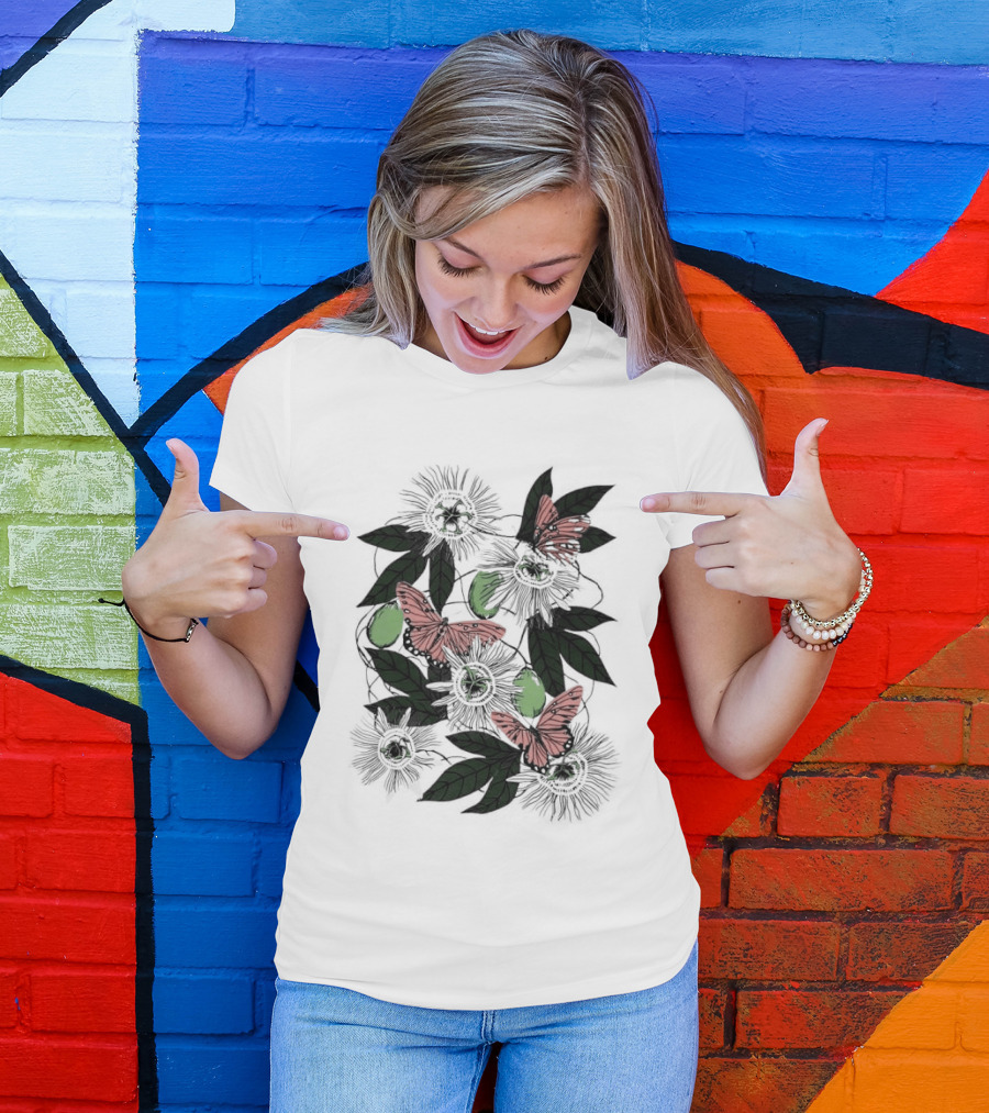 Passion Flower Pistachio Incarnata Red Butterflies Adult T-Shirt