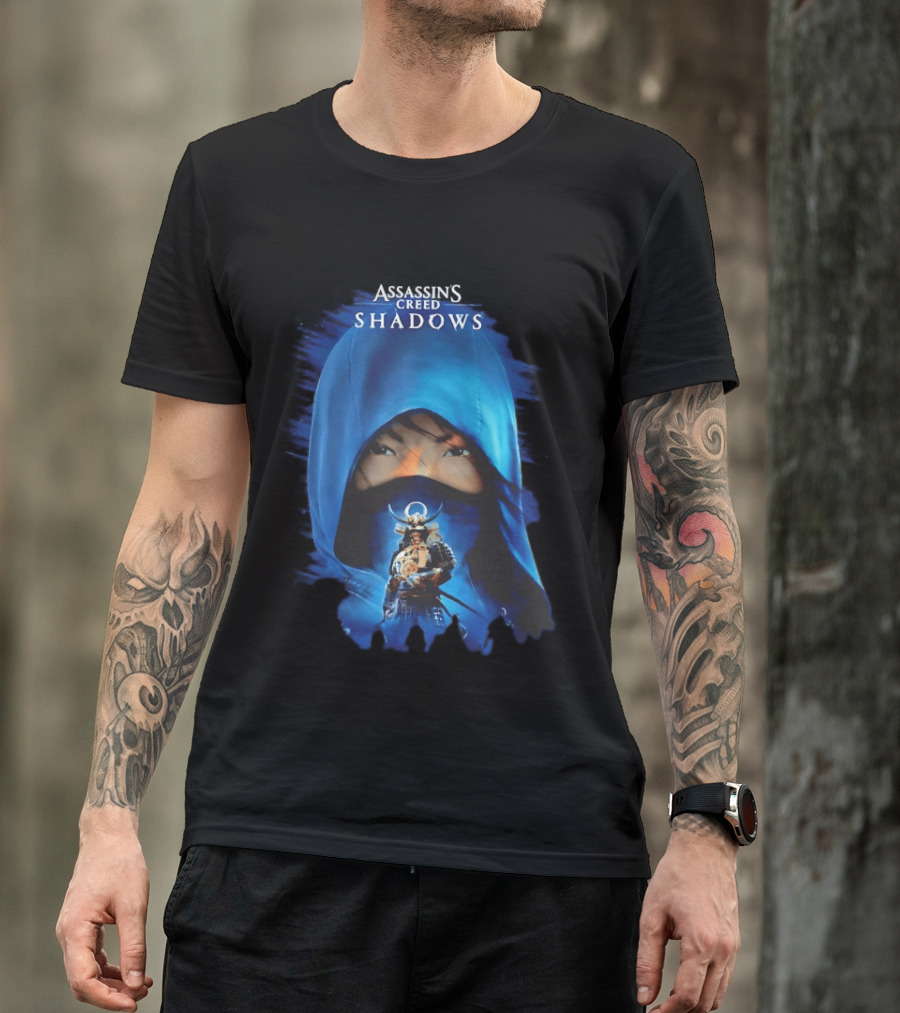 Assassin's Creed Shadows Blue Cloaked Figure With Samurai Warrior T-Shirt