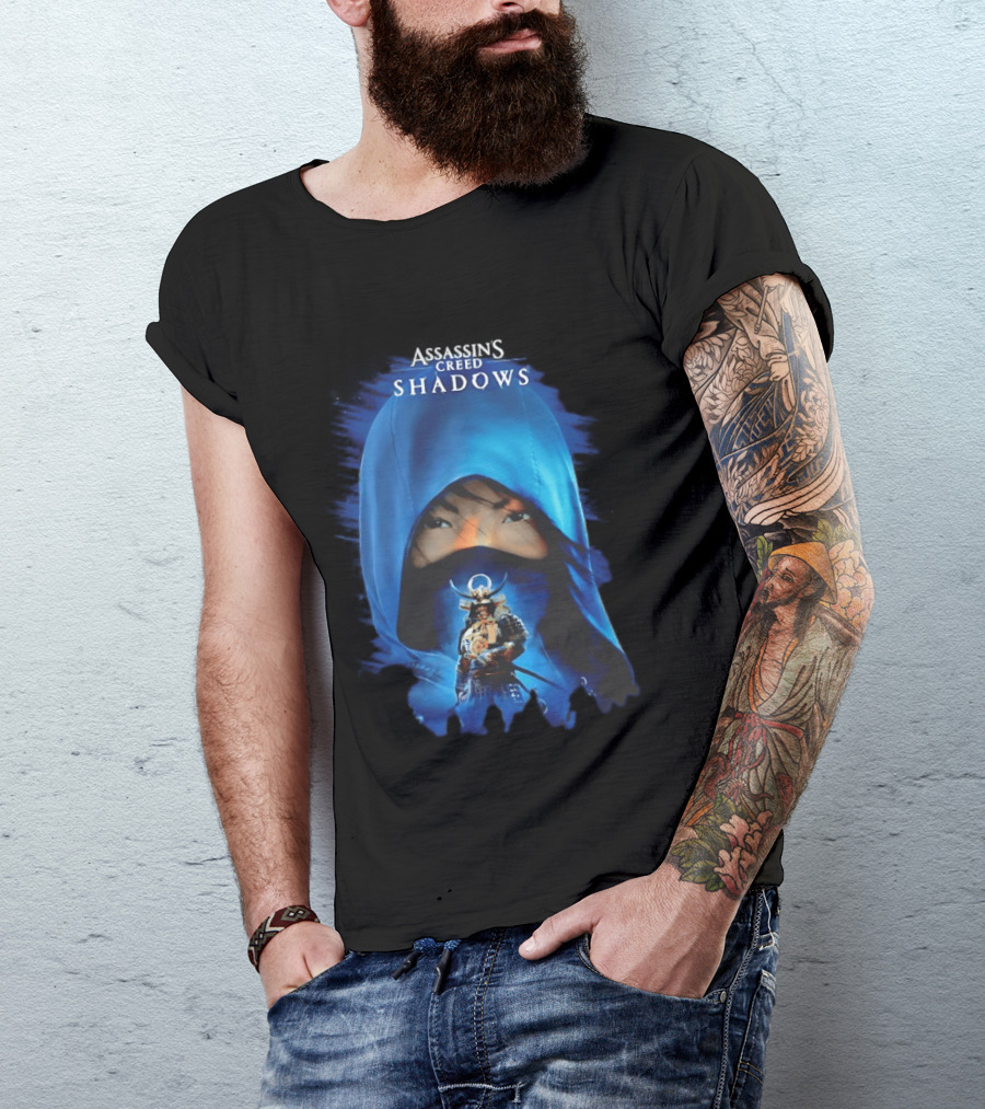 Assassin's Creed Shadows Blue Cloaked Figure With Samurai Warrior T-Shirt