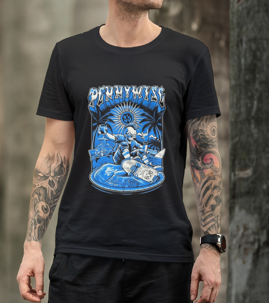 Pennywise South America Tour 2026 Skater Beach Scene With Skeleton And Skateboard Palms Waves Cup Blue Sunburst T-Shirt