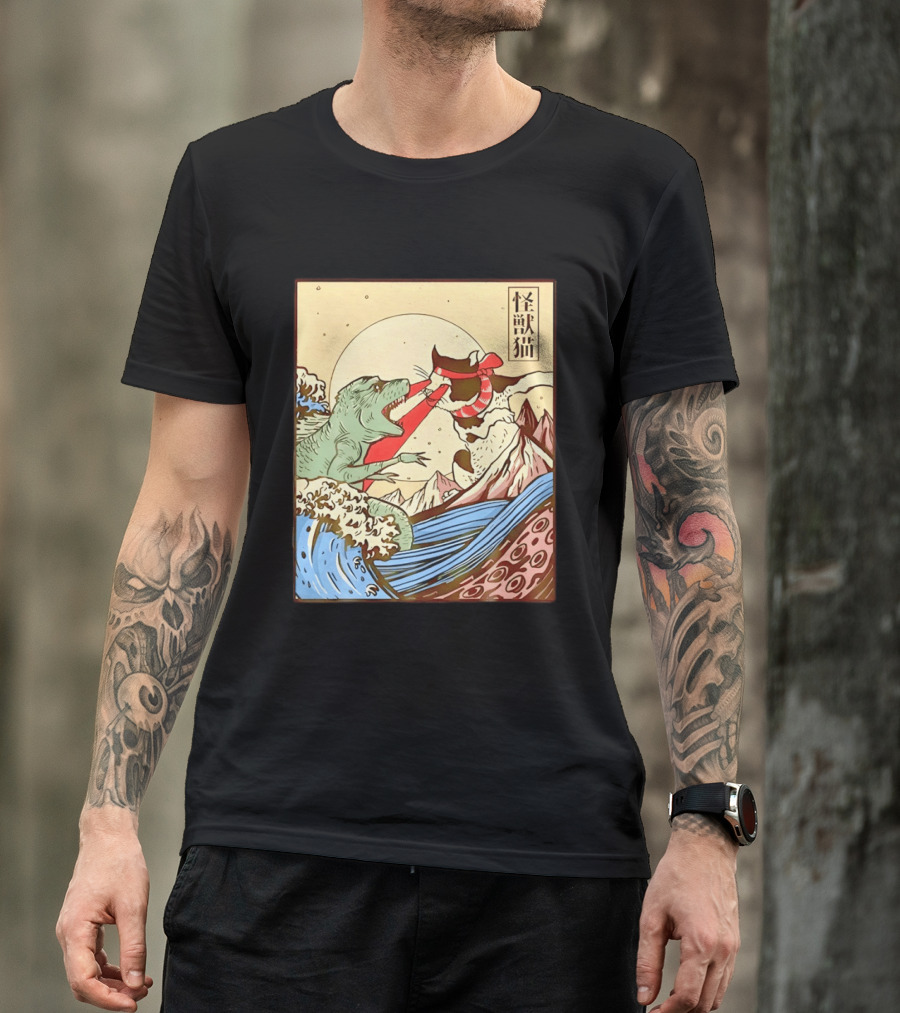 Japanese Great Wave Cat Vs Monster Classic Kaiju T-Shirt