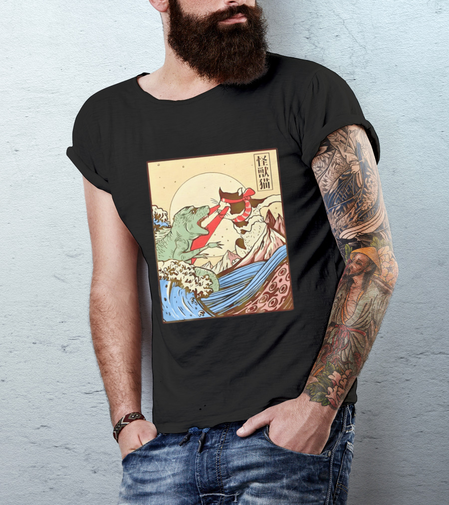 Japanese Great Wave Cat Vs Monster Classic Kaiju T-Shirt