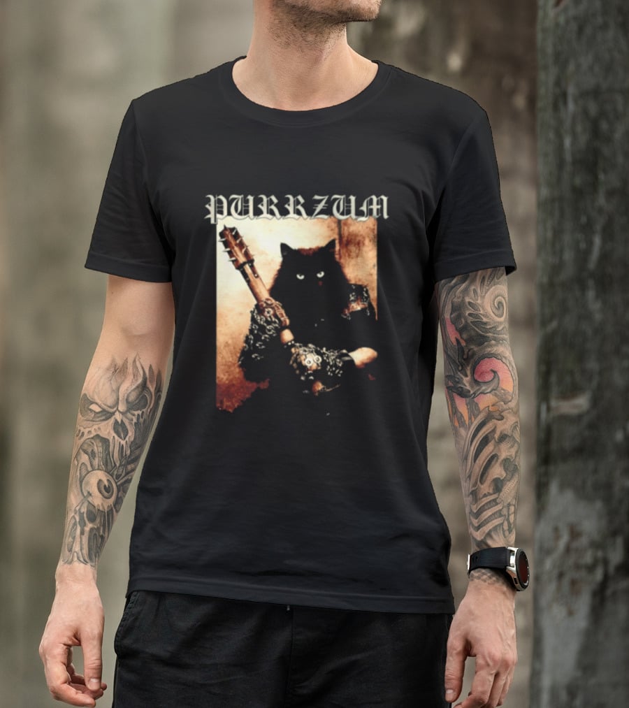 Purrzum Cat Black Metal Aesthetic Feline Holding Guitar T-Shirt
