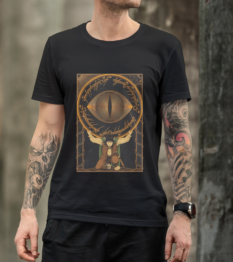 Frodo Baggins Carrying The Eye Of Sauron With Elvish Script Lord Of The Rings T-Shirt