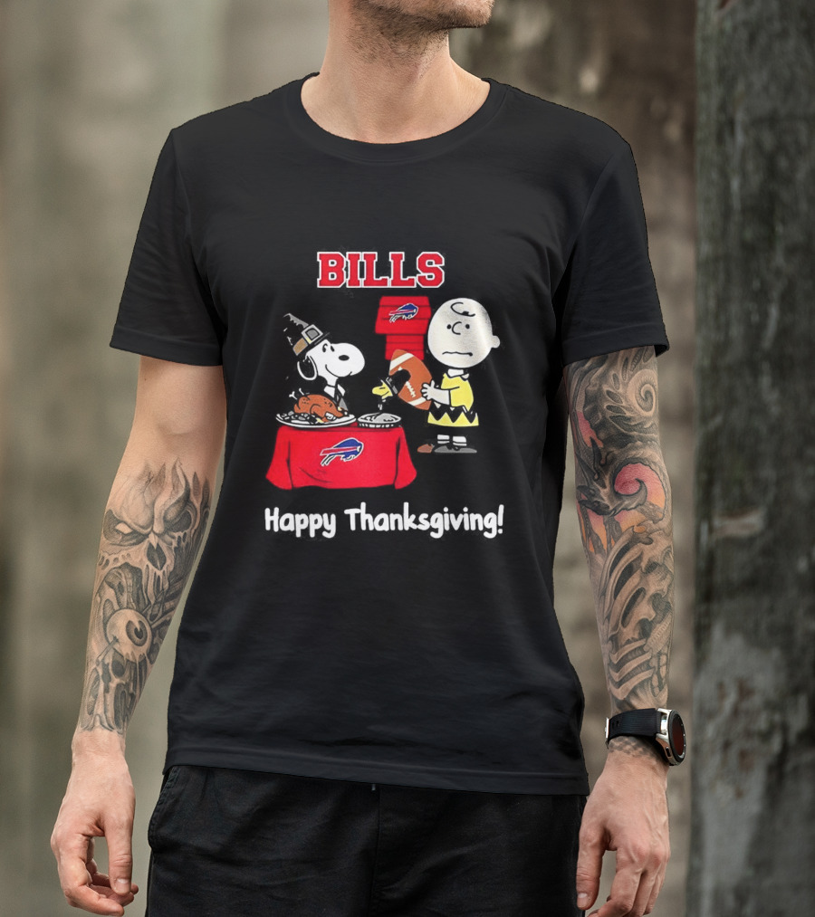 Snoopy And Charlie Brown Celebrate Buffalo Bills Happy Thanksgiving T-Shirt