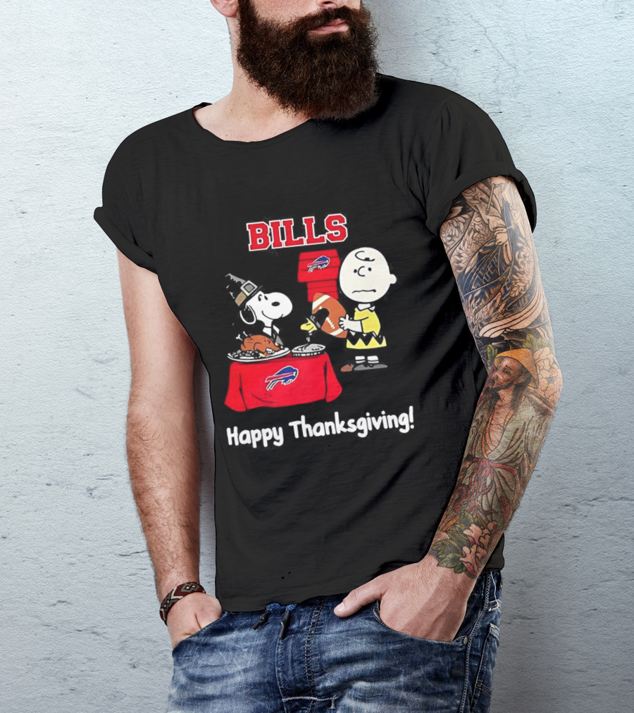 Snoopy And Charlie Brown Celebrate Buffalo Bills Happy Thanksgiving T-Shirt