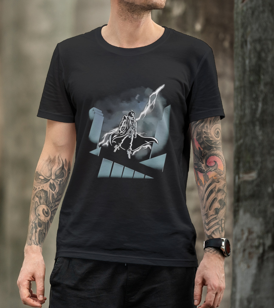 Spider Man Noir X Batman The Animated Series Noir Crossover With Light Burst And Gotham City Skyline T-Shirt