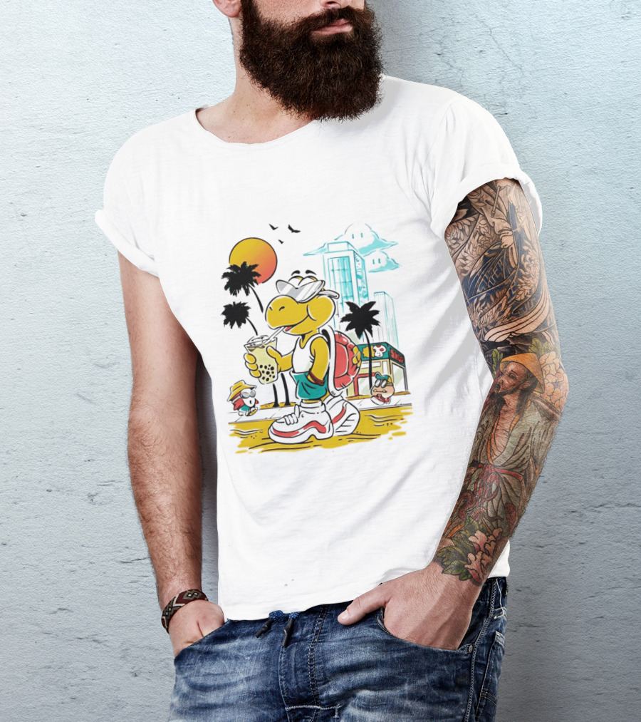 Koopa Troopa Beach Day Vibes With Bubble Tea And Palm Trees T-Shirt