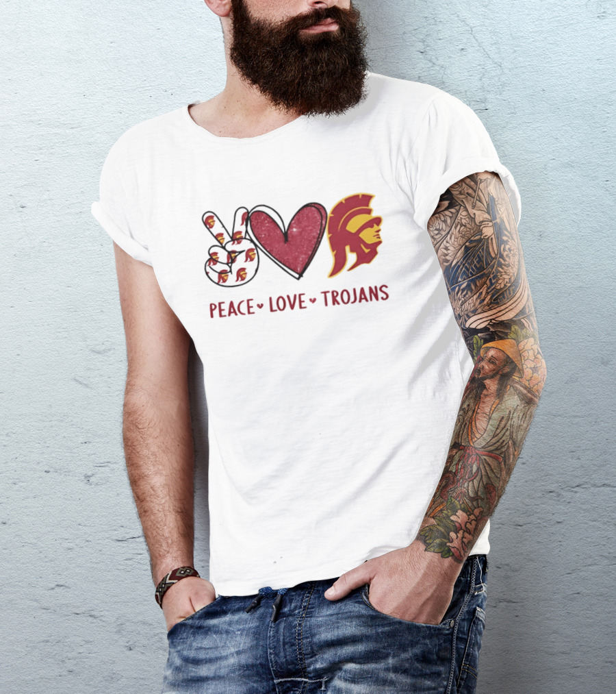 USC Trojans Peace Love Hand Sign Heart Shape T-Shirt