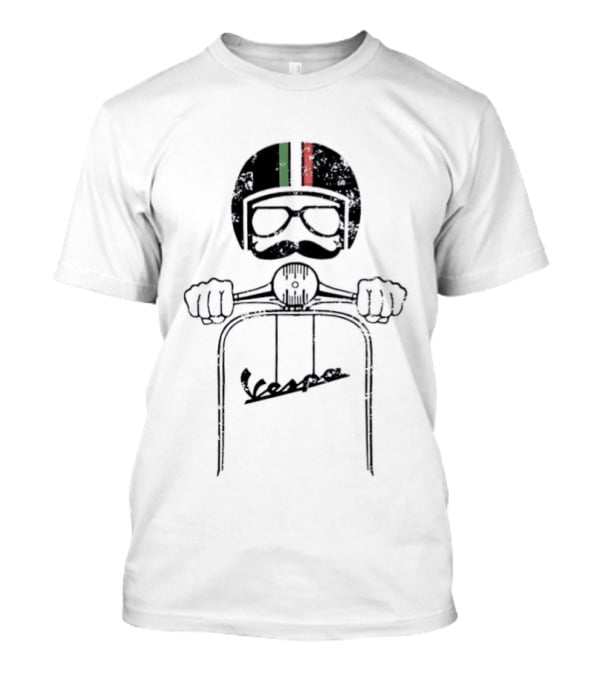 Vespa Piaggio Hipster Distressed Helmet With Italian Flag And Mustache T-Shirt
