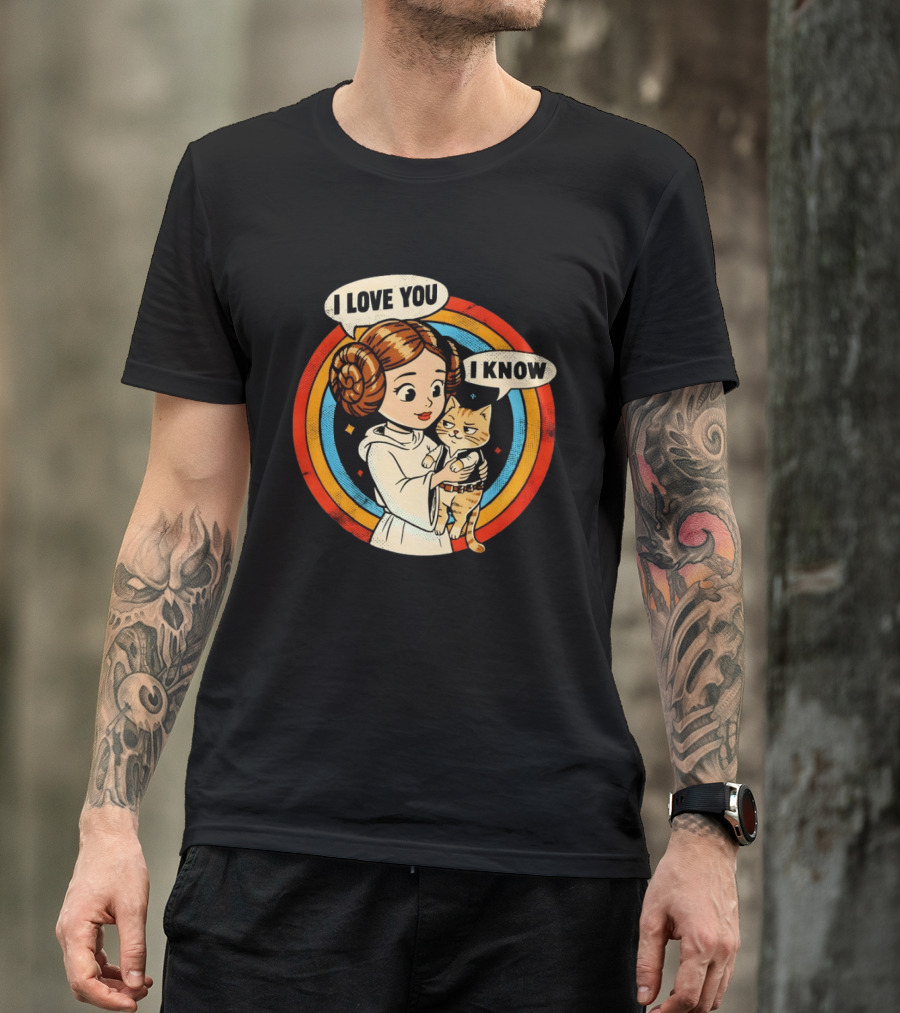 Princess Leia Style Girl Holding Cat I Love You I Know Retro 70s Cartoon T-Shirt